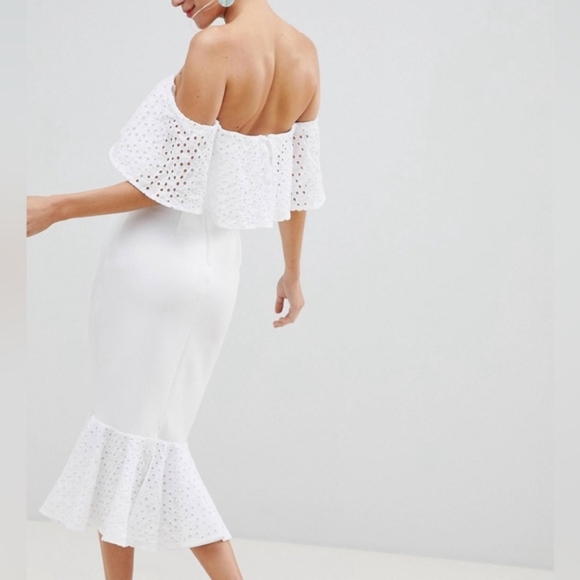 NWT ASOS Design White Scuba Eyelet Off Shoulder Broderie Trim Pephem Midi Dress - Picture 3 of 8